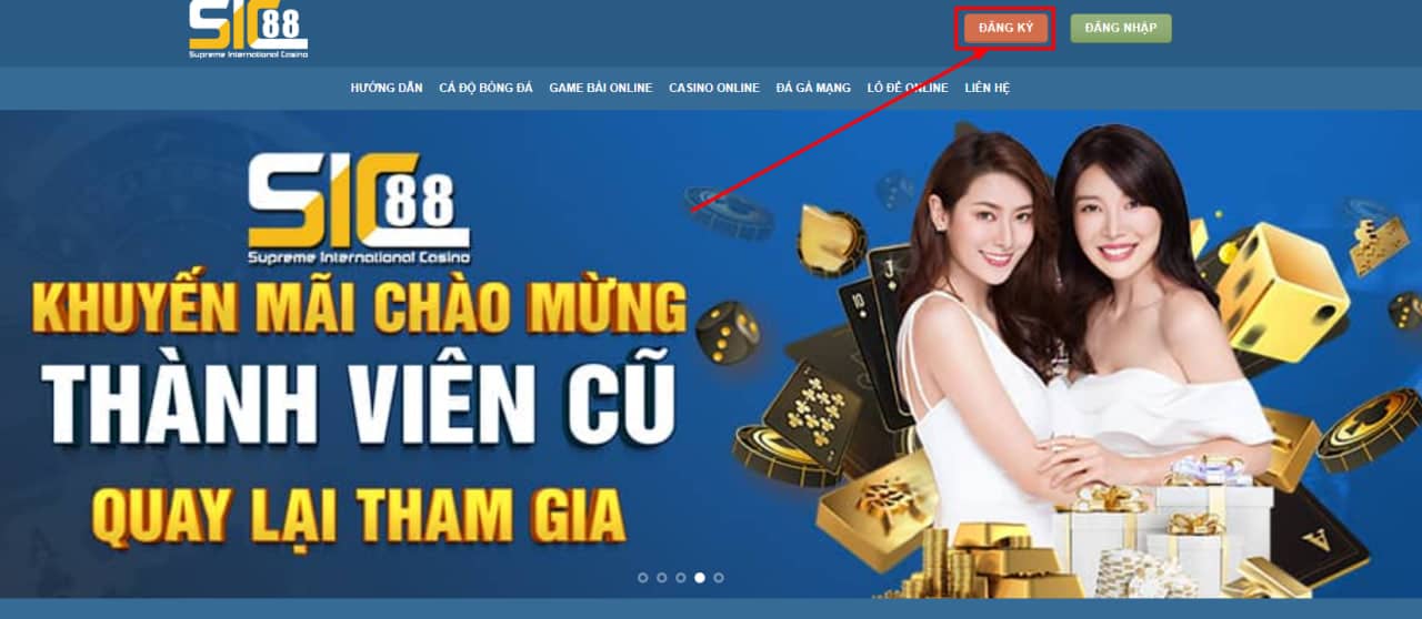 Truy cập trang chru chính thức của SIC88 và bấm đăng kí bên góc phải