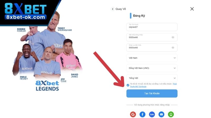 Sau khi hoàn tất chọn vào mục tạo tài khoản