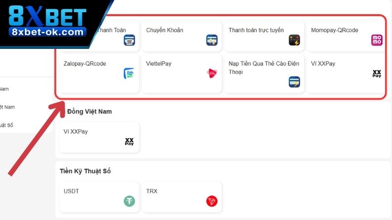 Chọn vào 1 trong 8 hình thức nạp tiền phổ biến
