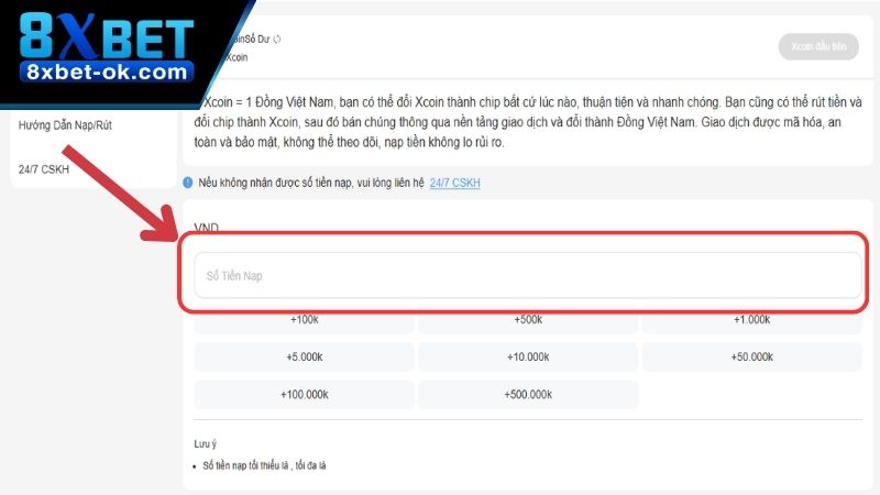 Điền số tiền cần nạp vào tài khoản chơi