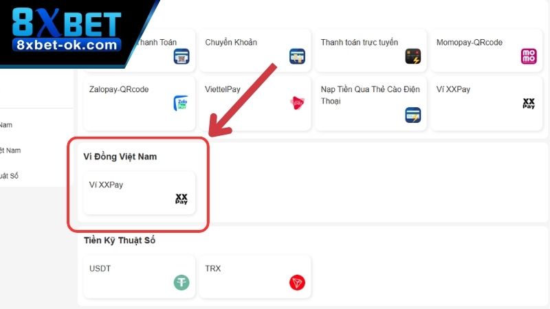 Người chơi chọn vào hình thức ví đồng Việt Nam
